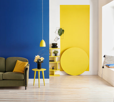 Modern Home, Blue And Yellow Wall Background, Home Decoration Style.