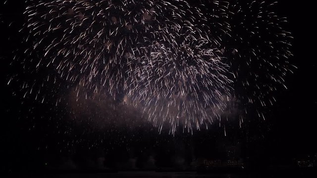Finale of firework display, many explosions then fade to black