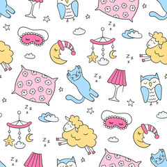 Sleep seamless pattern in doodle style. Good night symbols - moon, lamp, sleeping cat, pillow and more. Hand drawn vector illustration on white background