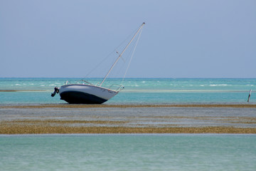 stranded boat during low tide 