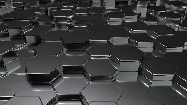 Abstract black metallic honeycomb on random surface level floor background. copy space. 3D illustration rendering. 4K motion graphic footage video. Seamless looping