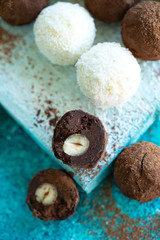 Chocolate candy. Assorted handmade chocolates. High quality photo.