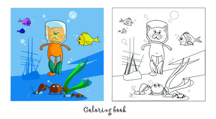 Coloring book. Cartoon vector illustration cat diver underwater with fish and crabs