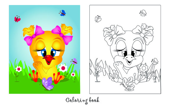 illustration of coloring for children yellow chick with butterflies vector