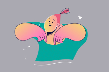 Emotion, face, expression, promotion, advertising concept. Attention or choosing option below illustration. Young happy smiling woman pointing down at place for advertisement or commercial content.