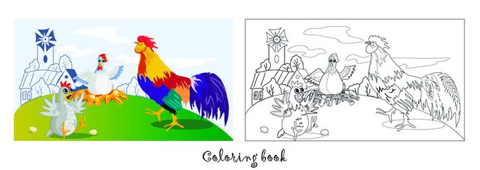 Coloring book. Cartoon vector illustration rooster and hens in the village vector illustration. Childrens illustration cartoon chicken vector
