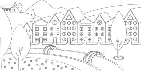 Anti-stress coloring Small village with cute houses line art landscape