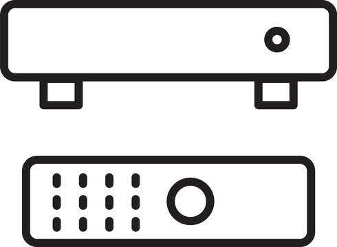 Grey Multimedia and TV box receiver and player with remote controller icon isolated seamless pattern on black background. Vector.