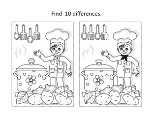 Find 10 differences visual puzzle and coloring page with little chef. Suitable for Thanksgiving Day holiday celebration fun activities.