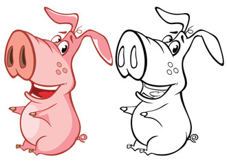 Vector Illustration of a Cute Cartoon Character Pig for you Design and Computer Game. Coloring Book Outline Set 