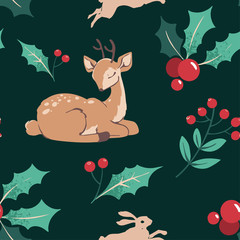 Seamless Christmas pattern with deer, running hare and Christmas plants, berries on dark green background. Decorative wallpaper, good for printing. Vector. Happy New Year. Winter time