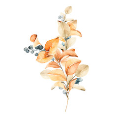 Watercolor floral composition. Hand painted yellow and orange flowers with leaves isolated on white background. Autumn festival. Botanical illustration for design, print or background