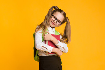Cute School Girl Embracing Books Posing Standing In Studio