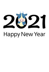 2021年丑年年賀状-飛び出す牛キャラクター縦位置
