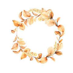 Watercolor floral wreath. Hand painted yellow and orange flowers with leaves isolated on white background. Autumn festival. Botanical illustration for design, print or wedding card
