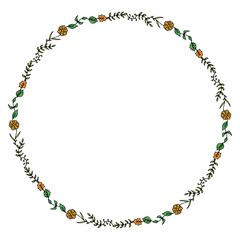 Naklejka premium Round frame with decorative flowers and plants on white background. Vector image.