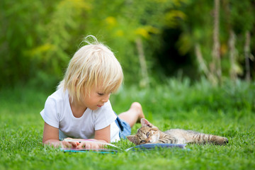 Cute blond toddler child, sweet boy, playing in garden with little kitten, reading book summertime