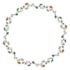 Round frame with chamomile, leaves and decorative elements on white background. Vector image.