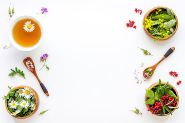 Top view of herbal tea in cup with herbs in bowls, top view