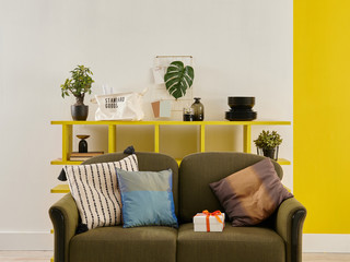 Sofa and bookshelf background style, green and yellow color interior room with home object and pillow.