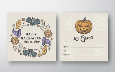 Halloween Wreath Abstract Vector Greeting Gift Card Background Template. Back and Front Design Layout with Typography. Sketch Pumpkins, Bats, Spiders and Candles Illustrations Frame.