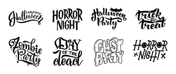 set of postcard for Happy Halloween. Modern and stylish hand drawn lettering. Quotes. Horror. Boo. Text banner on background for Halloween Party Night.