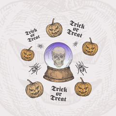 Trick or Treat Halloween Vector Background or Card Template. Hand Drawn Fortune Teller Crystal Ball and Pumpkins with Spider Sketch and Vintage Typography. Holiday Decorative Composition.