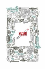 Sketch of Japanese and Chinese cuisine, rolls, sushi, colorful banners. Design templates with hand-drawn seafood, lobsters, mussels, sushi, rolls, Chinese food, Japanese food. A linear pattern. High d