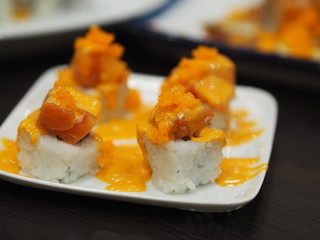 Shrimp with Sweet Sauce and salmon top on Kimchi, Nigiri Sushi food sushi Japanese