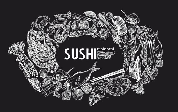 Sketch of Japanese and Chinese cuisine, rolls, sushi, colorful banners. Design templates with hand-drawn seafood, lobsters, mussels, sushi, rolls, Chinese food, Japanese food. A linear pattern. High d
