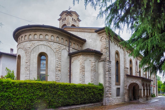 View of the catholic Church of the Holy Cross (Chiesa della Santa Croce in italian). The temple was built in 1922 - 1923 by architect Luigi Angelini. Bergamo, Italy.