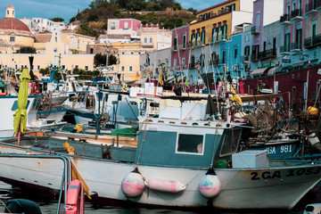 Ponza Island, Italy - 27 July 2019: View of little harbor of Ponza island in the summer season with typical colored houses and boats. Ponza, Italy