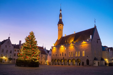 Night view of the Christmas tree near medieval The Tallinn Town Hall. Built in XIV century and firstly mentioned as consistorium in 1322, and in 1372 as town hall. Estonia.