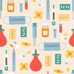 Various Medical equipment, thermometer, drugs, pills, capsules, mask, patch, syringe, bottles. Hand drawn Vector Seamless pattern.