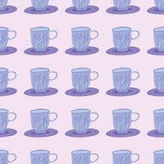 Simple seamless pattern with herbal tea cup silhouettes. Blue ornament on light pink background. Stylized print.