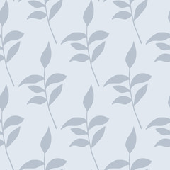 Light blue leaf branches silhouettes seamless pattern. Foliage pastel soft palette artwork. Floral backdrop.