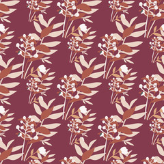 Fototapeta premium Wild forest bouquet seamless hand drawn pattern. Autumn print with white and brown branches on maroon background.
