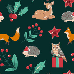 Seamless Christmas pattern with deer, Fox, fawn, owl, hedgehog, gifts and Christmas plants, berries on dark green background. Decorative wallpaper, good for printing. Vector. Happy New Year. 