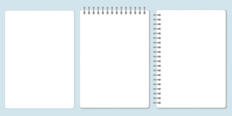 Blank paper set, template of spiral notebook and notepad sheets. Vector Illustration.