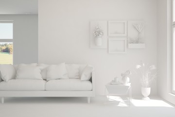 White minimalist living room with sofa. Scandinavian interior design. 3D illustration