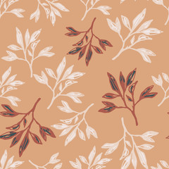 Seamless autumn pattern with branch contoured silhouettes. White outline botanic ornament on orange background.