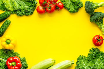 A tabletop arrangement of fresh vegetables multicolored, top view