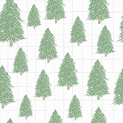Forest tree elements seamless doodle pattern. Random green forest ornament on white background with check.