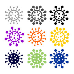 Set of colored, black and white vibrant virus icons. Circle virus icons, symbols. Coronavirus, COVID 19, 2019-ncov signs. Vector illustration. Isolated on white background.