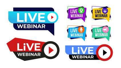 Set of live webinar colored button, icon, emblem label. Vector illustration. Isolated on white background.