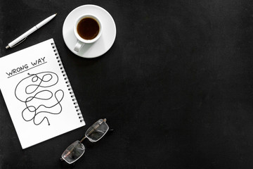 Wrong way illustration. Confused complicated path in notepad copy space