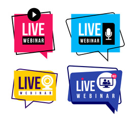 Set of live webinar colored button, icon, emblem label. Simple element illustration concept. Vector illustration. Isolated on white background.