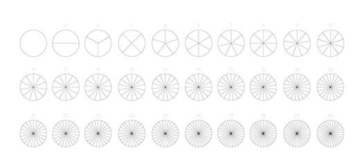 Set of segmented circles. Various number 0-30 of sectors divide the circle on equal parts. Thin black line outline graphics. Vector illustration. Isolated on white background.