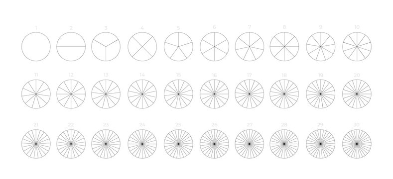 Set of segmented circles. Various number 0-30 of sectors divide the circle on equal parts. Thin black line outline graphics. Vector illustration. Isolated on white background.