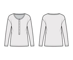 Classic men's style cotton-jersey top technical fashion illustration with long sleeves, scoop henley neckline. Flat outwear apparel shirt template front, back grey color. Women, men, unisex CAD mockup